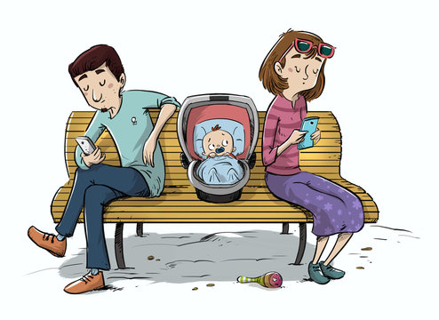 padres mirando el movil con bebe