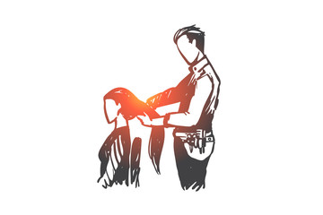 Fototapeta premium Model, professional hairdresser, beauty salon, trendy, concept. Hand drawn isolated vector.