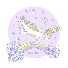 Rain music.  Cute animal character and elements for kids.