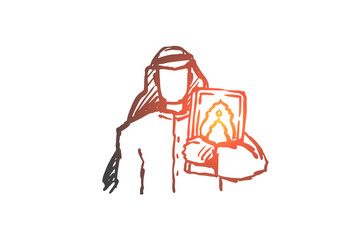 Man, Koran, religion, muslim, arabic, islam concept. Hand drawn isolated vector.
