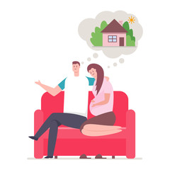 Young couple and dream about home. Happy family sitting on sofa vector cartoon concept illustration isolated on white background.