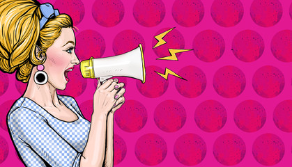 Pop art girl with megaphone. Woman with loudspeaker. Advertising poster with lady announcing discount or sale.  © lucky1984