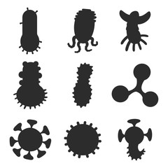 Bacteria, virus, germ cartoon black silhouette set. Microbe and pathogen vector simple icons isolated on white background.