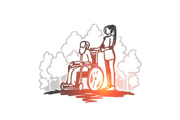 Retirement home, old man, elderly, pensioner, health concept. Hand drawn isolated vector.