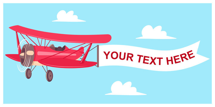Red airplane with flight banner on a sky background with clouds. Vector cartoon flat illustration of an aircraft with a blank message advertisement.