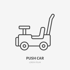 Pushing car line icon, baby toy flat logo. Transportation vector illustration. Sign for kids shop.