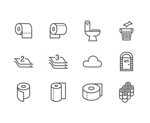 Toilet paper roll, towel flat line icons. Hygiene illustrations, mobile wc, restroom, tree layered napkin. Thin signs for household goods store. Pixel perfect 64x64. Editable Strokes.