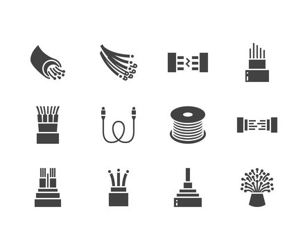 Optical fiber flat glyph icons. Network connection, computer wire, cable bobbin, data transfer. Signs for electronics store, internet services. Solid silhouette pixel perfect 64x64.