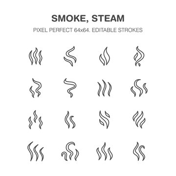 Smoke, steam flat line icons. Fumes shapes, aroma smell heat illustrations. Evaporation signs. Pixel perfect 64x64. Editable Strokes.