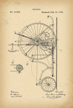 1885 Patent Velocipede Tricycle Bicycle archive history invention