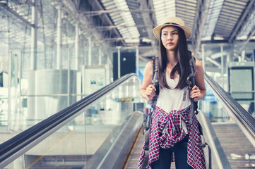 Young woman selfie in international airport,