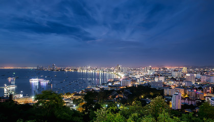 The building and skyscrapers in twilight time in Pattaya