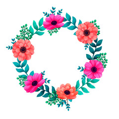 Floral circle frame. Tropical flowers trendy template. Summer Design with beautiful flowers and leaves with copy space on white background. Invitations, wedding or greeting cards.