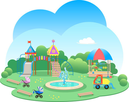 Playground kids with fountain cartoon illustration