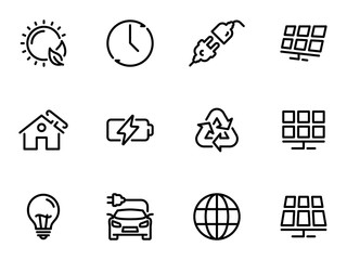 Set of black vector icons, isolated on white background, on theme Solar energy
