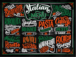 Italian food menu - names of dishes. Lettering phrases for your design, stylized drawing with chalk. - obrazy, fototapety, plakaty