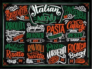 Fotobehang Italian food menu - names of dishes. Lettering phrases for your design, stylized drawing with chalk. © Artlana