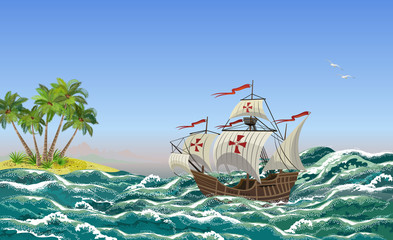 Sailing ship with sea waves and tropical island, vector illustration for Columbus Day design.