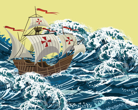 Sailing ship in sea storm waves, realistic vector illustration for Columbus Day design.