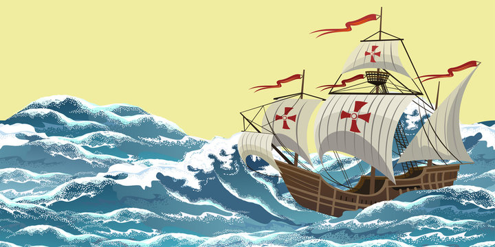 Sailing ship on sea waves, realistic vector illustration for Columbus Day design.