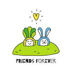 Friends forever. Baby carrot and little bunny are in the garden in love