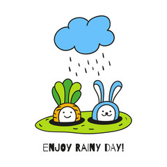 Enjoy rainy day. Baby carrot and little bunny are in the garden under rain cloud.