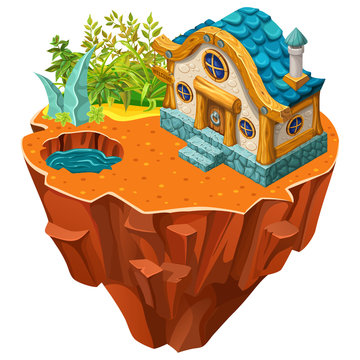 3d isometric building on desert  island for computer games. Сottage and elements landscape design. Isolated vector cartoon illustration.