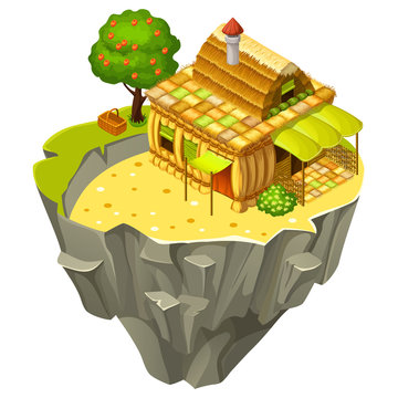 3d isometric building on sandy island for computer games. Straw cottage and elements landscape design. Isolated vector cartoon illustration.  