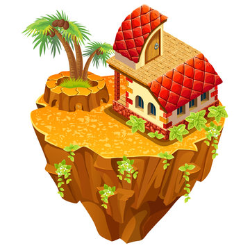 3d isometric building on desert  island for computer games. Сottage and elements landscape design. Isolated vector cartoon illustration. 