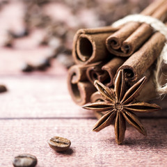 Cinnamon sticks Anise star and Coffee beans close up Selective focus