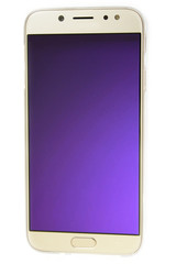 Telefono movil inteligente con el fondo de pantalla color morado