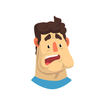 Face of surprised or frightened man, male emotional facial expression vector Illustration on a white background