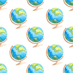 Seamless pattern with watercolor school globe Back to school