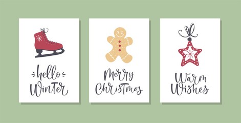 Christmas gift cards or tags with calligraphy. Hand drawn design elements.