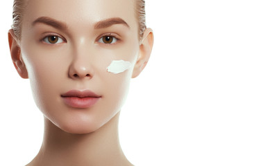 Beauty Woman face Portrait. Beautiful Young Woman with Clean Fresh Skin touch own face and body....