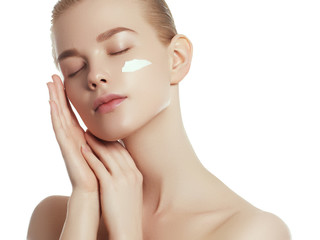 Beauty Woman face Portrait. Beautiful Young Woman with Clean Fresh Skin touch own face and body....