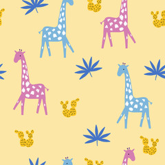 Seamless pattern with cute giraffe and cactus. Vector hand drawn illustration.