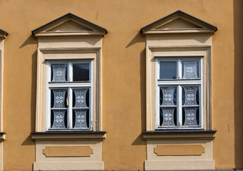 Prague. Window in the old house, decorated with traditional authentic lace..