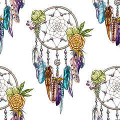 Vector seamless pattern with Dream catcher isolated on white background. Luxury dream catcher with flowers and beads.