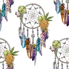 Printed kitchen splashbacks Dream catcher Vector seamless pattern with Dream catcher isolated on white background. Luxury dream catcher with flowers and beads.
