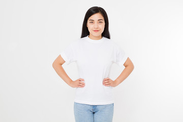 young asian japanese woman in blank white t-shirt. t shirt design and people concept. Shirts front...