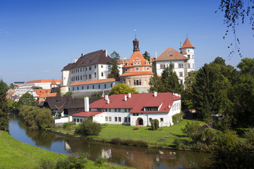 Beautiful renaissance style castle, 16th century, with Roundel pavilion on the hill near the river Nezarka in Jindrichuv Hradec. Czech Republic