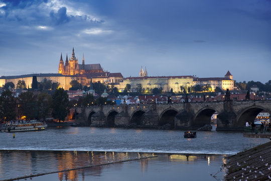 Beautiful Cityscape of Prague at night with Charles Bridge(Karluv Most)  over Vltava river and Prague Castle, Czech Republic