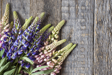 Beautiful lupine flowers on wooden background Copy space.