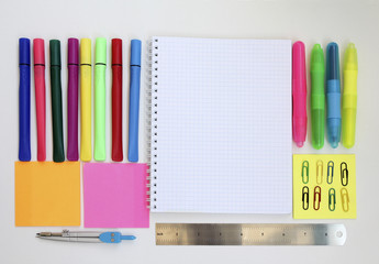 Back to school concept. School education background with blank exercise book with copy space and...