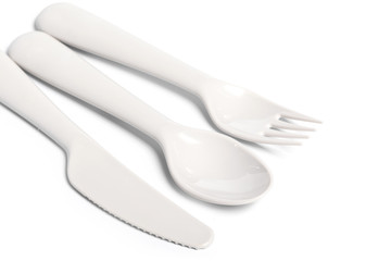 set of various plastic cutlery isolated
