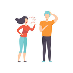 Angry woman screaming at young man, couple quarreling, family conflict, disagreement in relationship vector Illustration on a white background