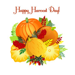 Frame of pumpkins and berries. Happy harvest day. Vector illustration.