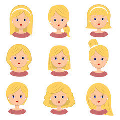 Beautiful young woman with blond hair. Different hairstyle and haircuts for salon vector icon set, isolated on white background.