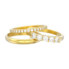 3D illustration isolated three different yellow gold diamonds rings